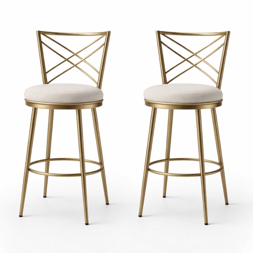 Set of 2 Gold Metal Bar Stools with Beige Fabric Cushions