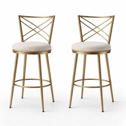 Set of 2 Gold Metal Bar Stools with Beige Fabric Cushions