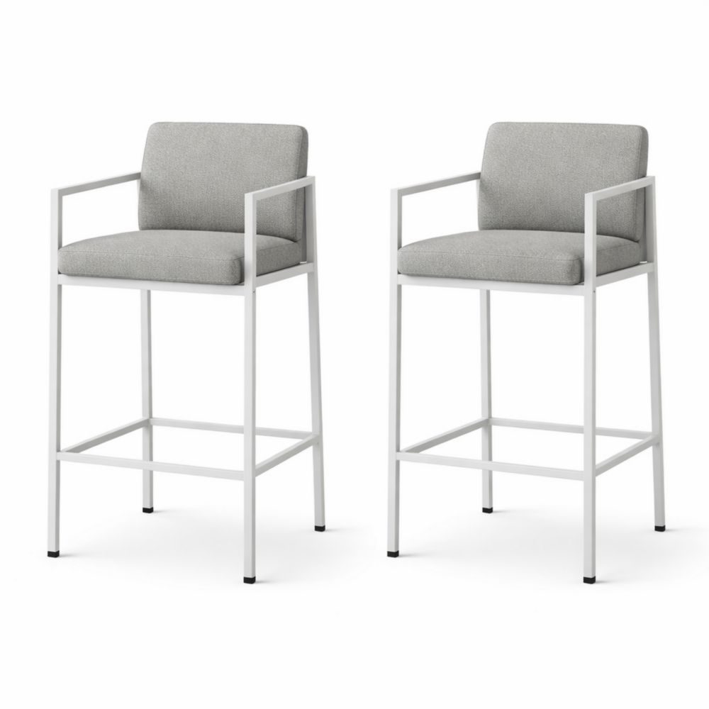 Set of 2 Grey Fabric Cushioned Bar Stools with White Metal Frame