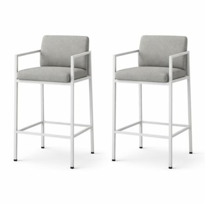 Set of 2 Grey Fabric Cushioned Bar Stools with White Metal Frame