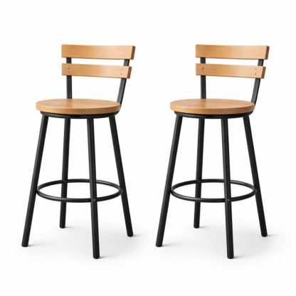 Set of 2 Bar Stools Wood Seat Metal Frame 75cm Height