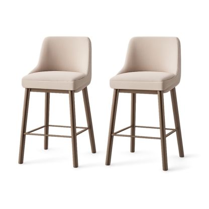 Set of 2 Beige Bar Stools Upholstered Fabric with Wooden Frame