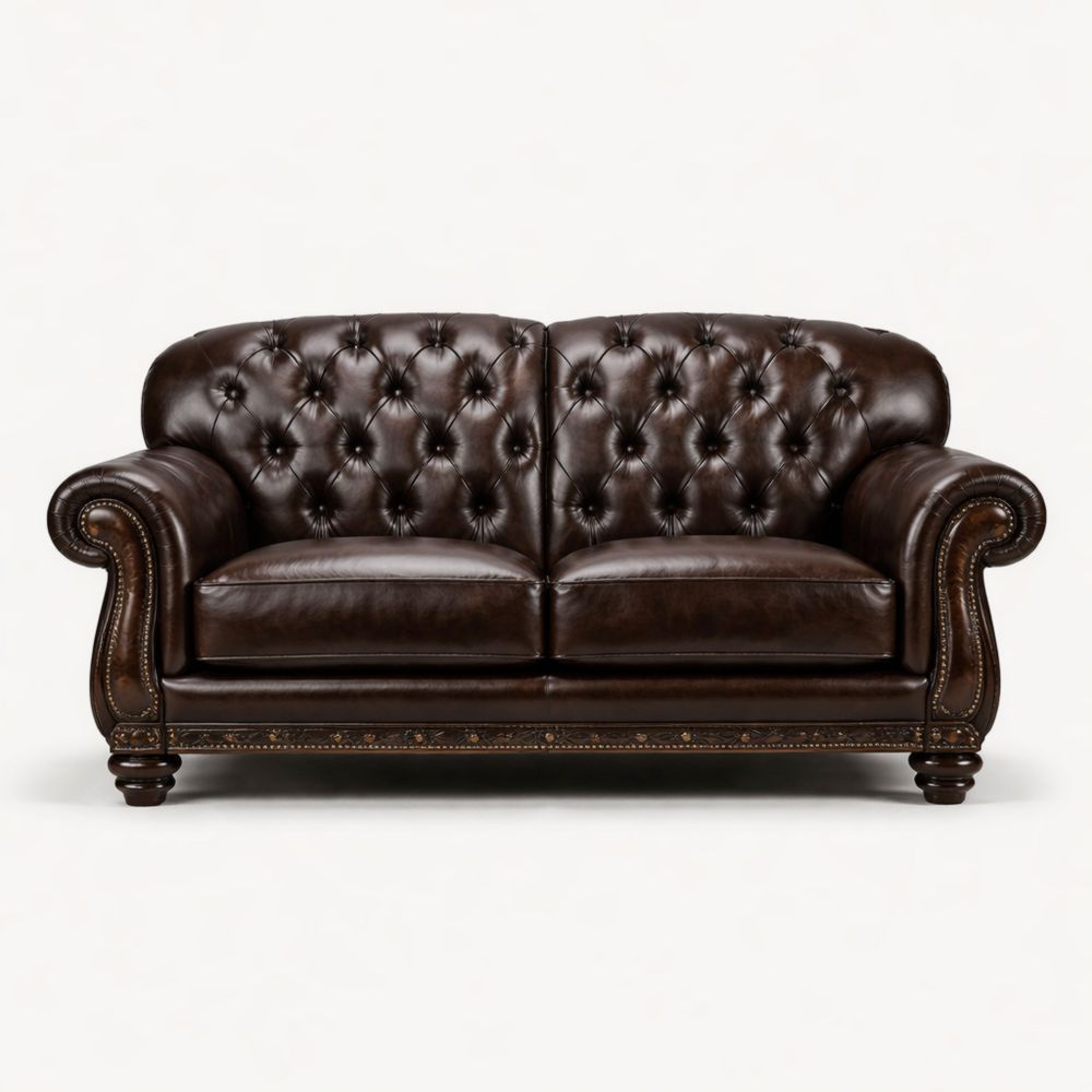 Chesterfield Leather Loveseat Brown Button Tufted Sofa 180cm