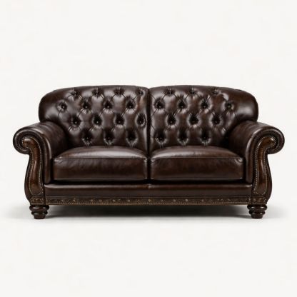 Chesterfield Leather Loveseat Brown Button Tufted Sofa 180cm