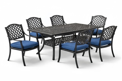 7-Piece Cast Aluminum Patio Dining Set with Blue Cushions