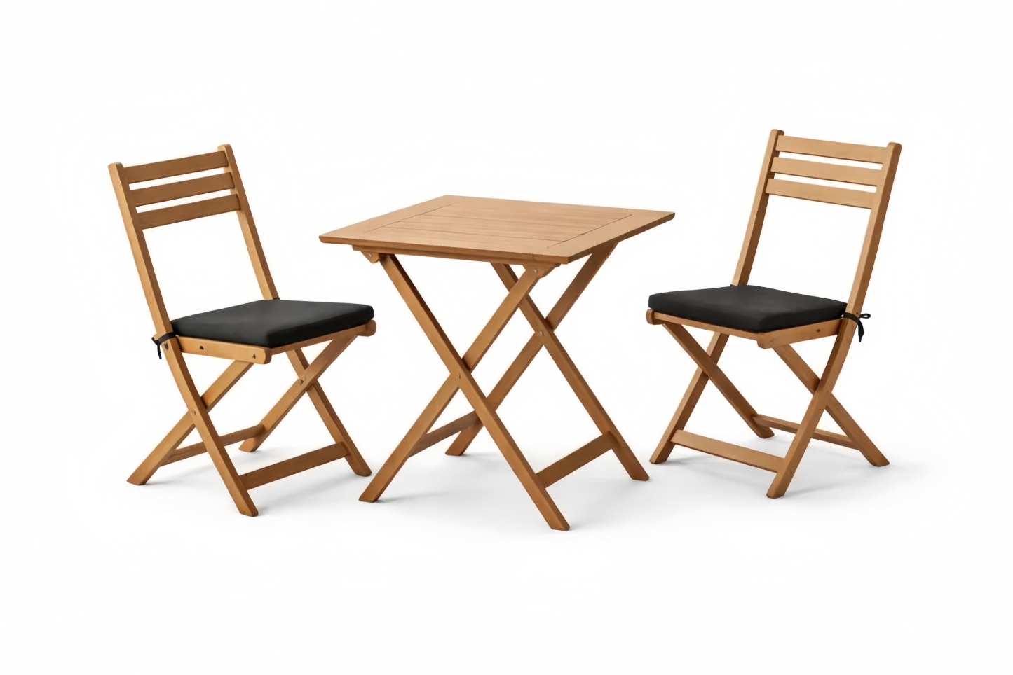 Acacia Wood Foldable Table and Chair Set with Black Polyester Cushions