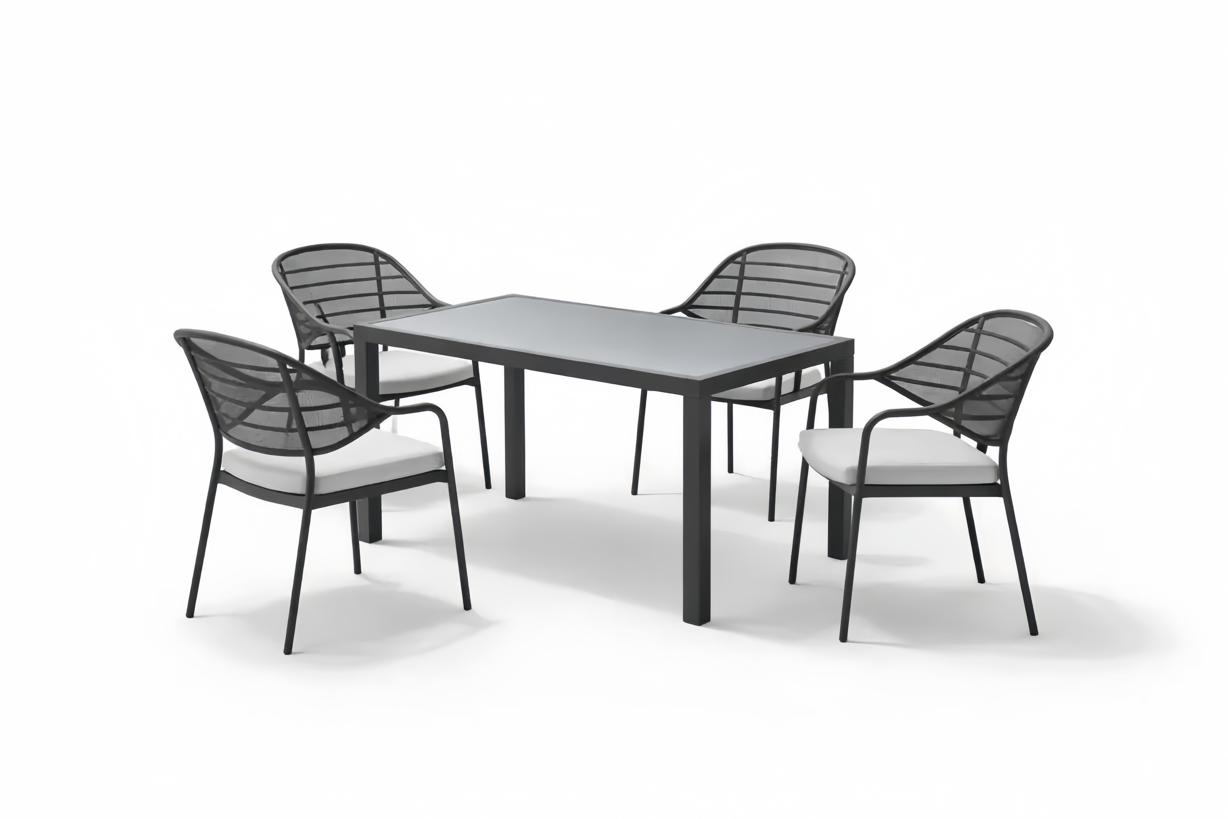 Outdoor Dining Set with Glass Table and Mesh Chairs – Black, 4-Seater