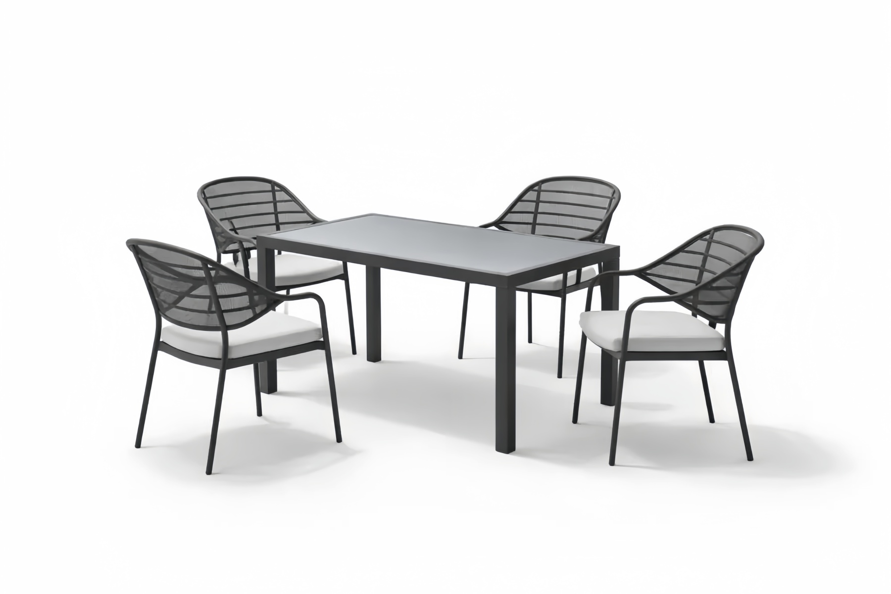 Outdoor Dining Set with Glass Table and Mesh Chairs – Black, 4-Seater