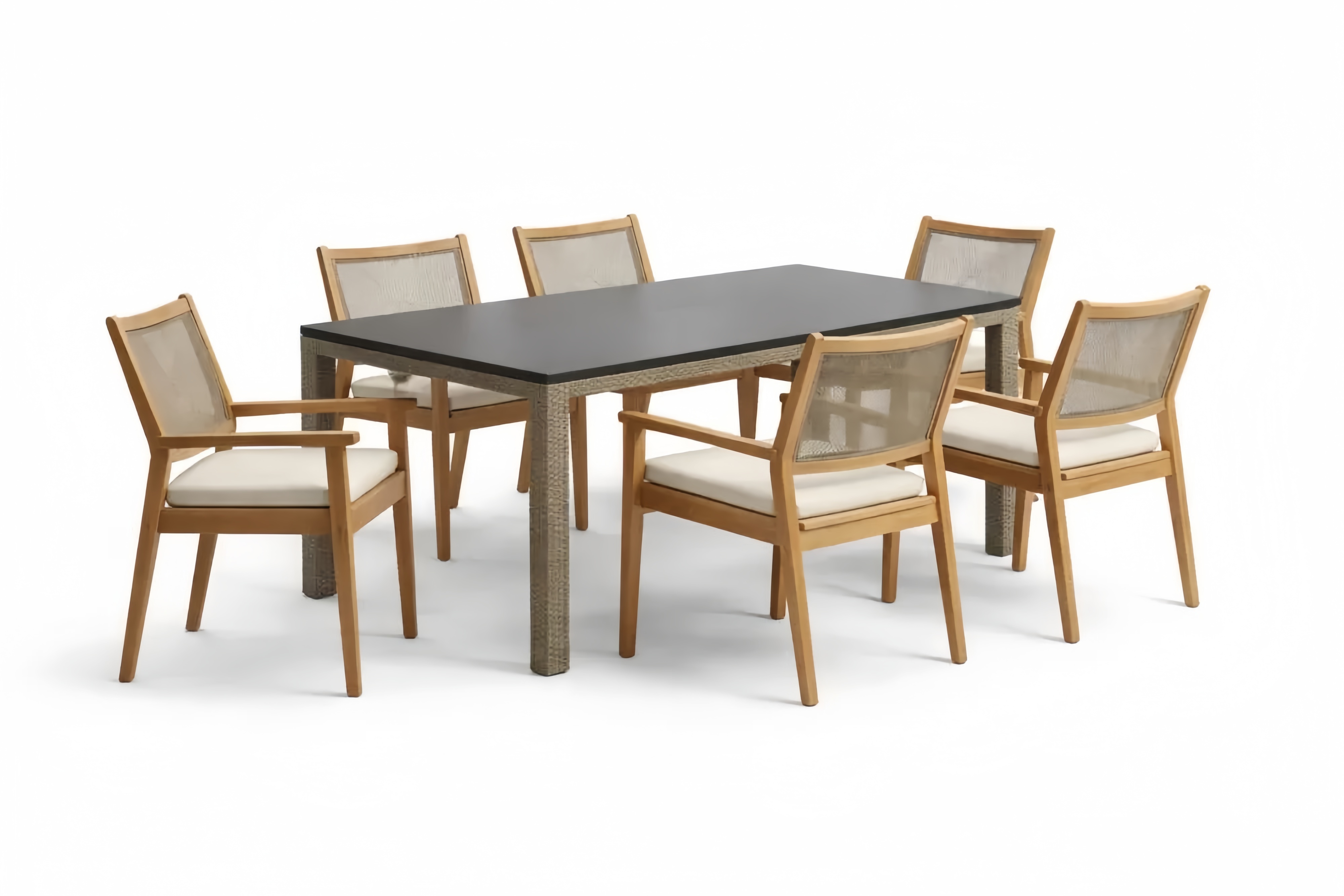 Teak and Tempered Glass Outdoor Dining Set with Rectangular Table and 6 Chairs