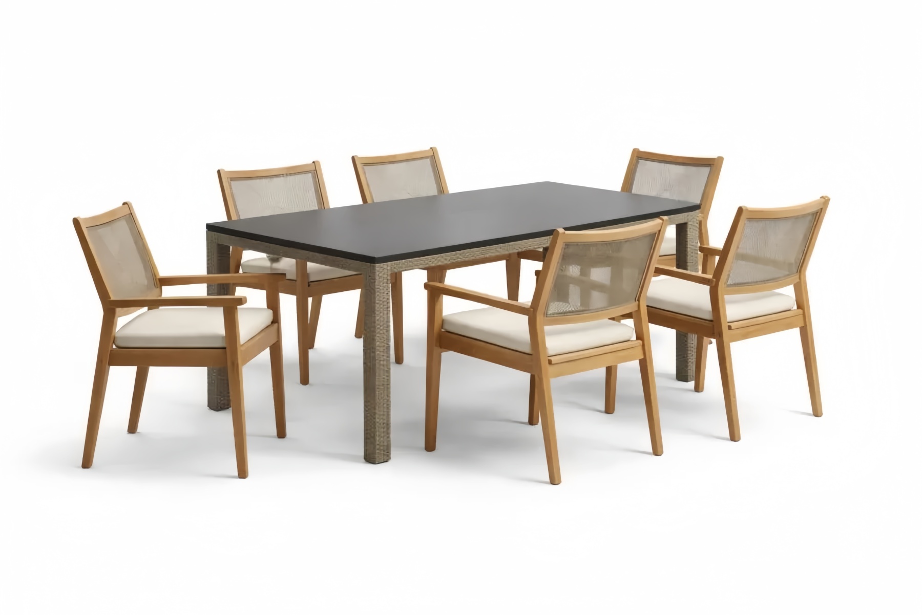 Teak and Tempered Glass Outdoor Dining Set with Rectangular Table and 6 Chairs