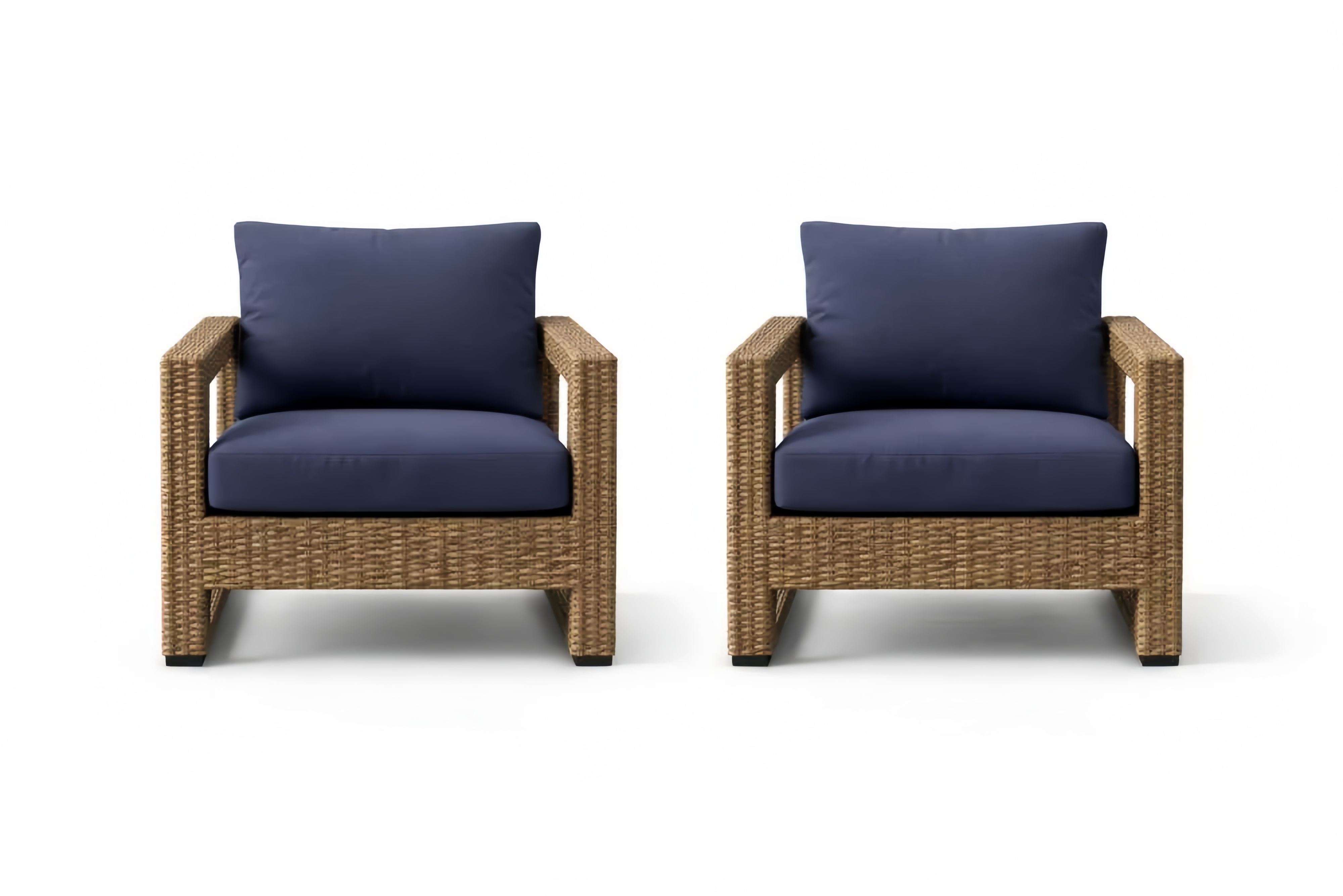 Outdoor Rattan Armchair Set with Blue Cushions