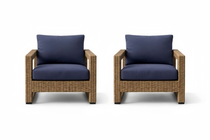 Outdoor Rattan Armchair Set with Blue Cushions