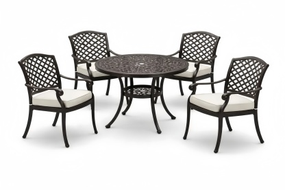 Outdoor Cast Aluminum Patio Dining Set with Round Table and Cushioned Chairs