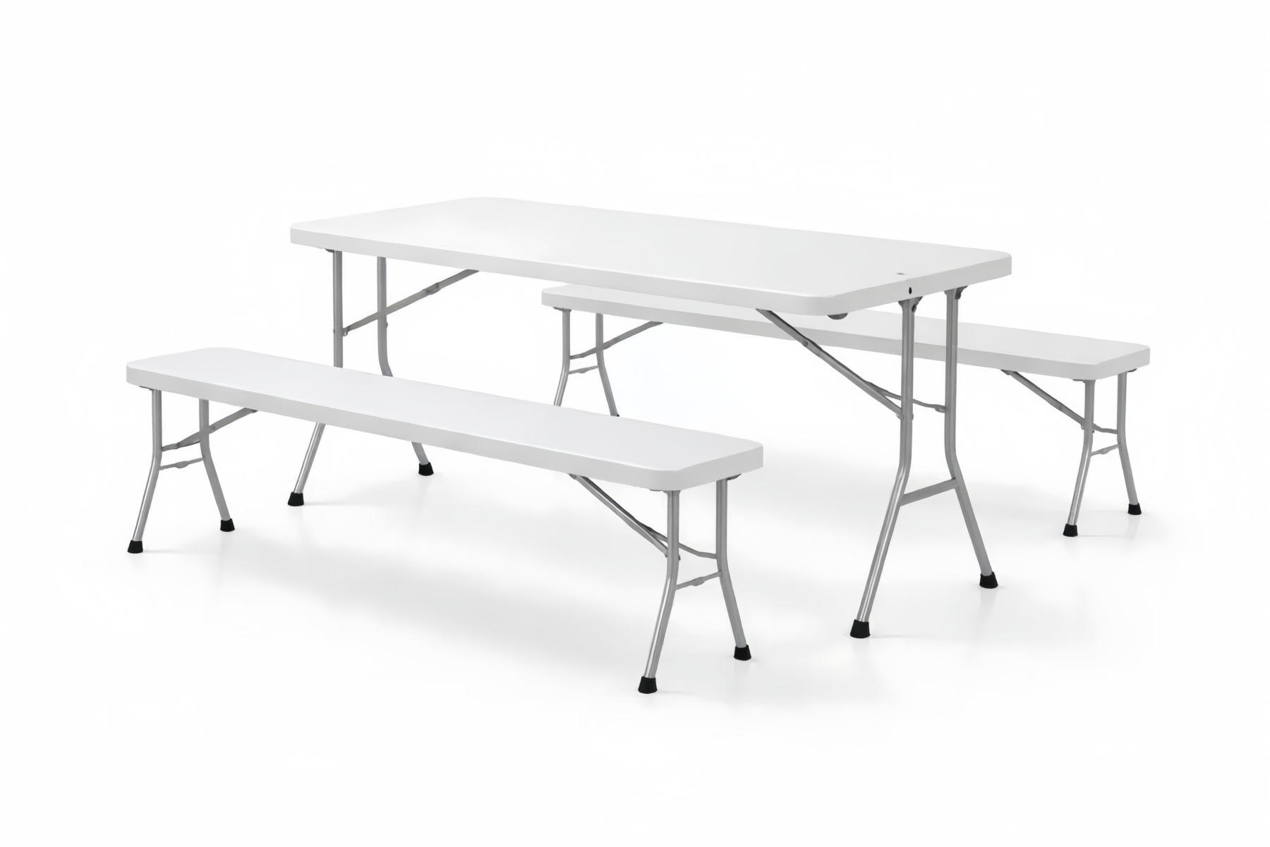 White Rectangular Folding Table with Benches Set Plastic Metal