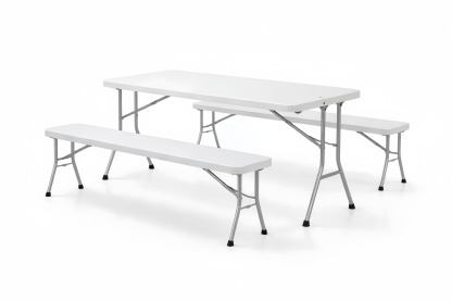 White Rectangular Folding Table with Benches Set Plastic Metal