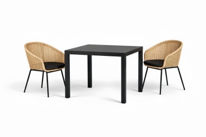 Outdoor Dining Set with Square Table and Two Rattan Chairs Black and Natural
