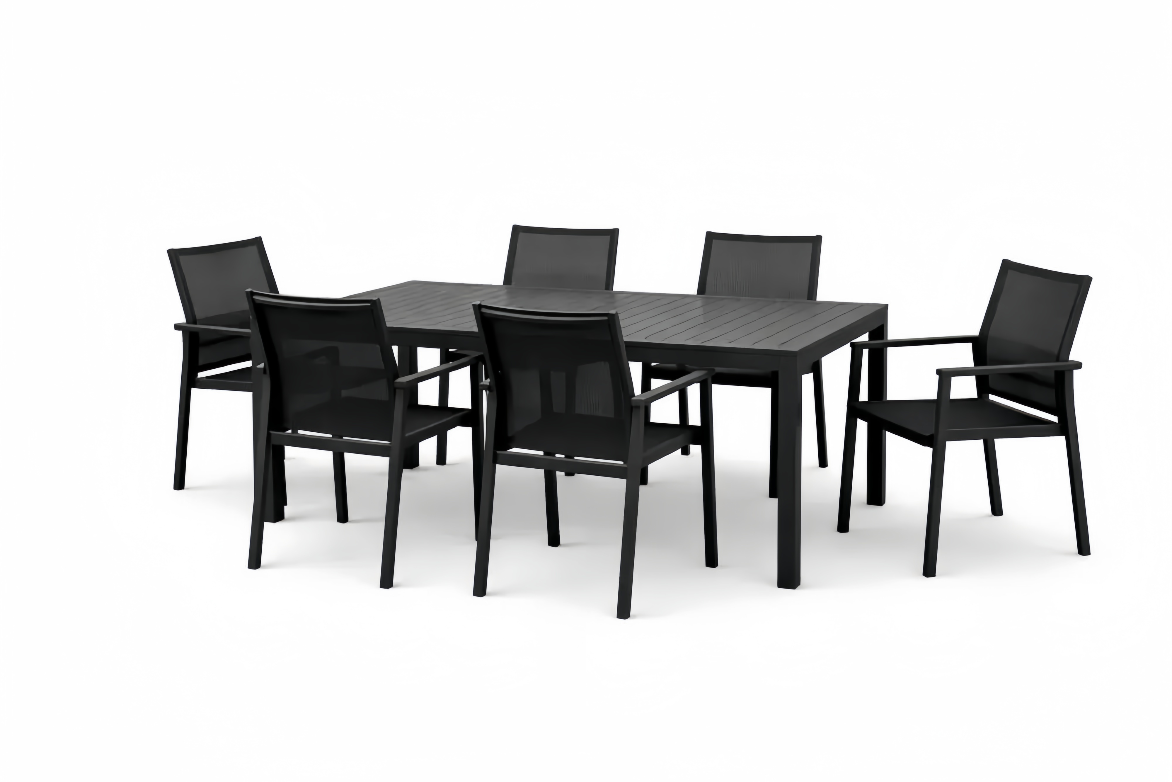 Black Aluminum and Mesh Outdoor Dining Set with Six Chairs