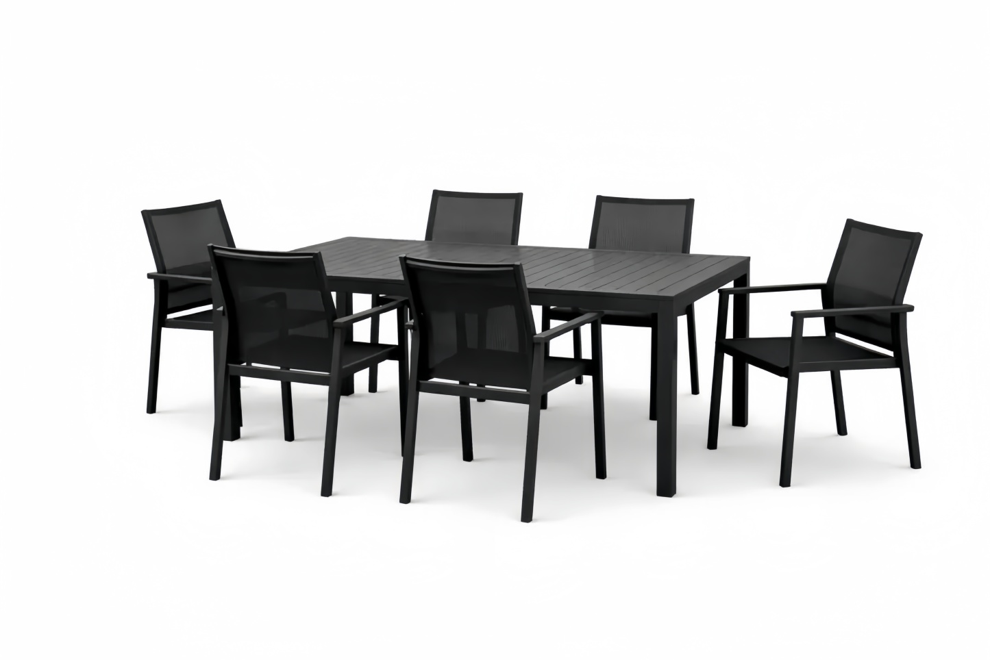 Black Aluminum and Mesh Outdoor Dining Set with Six Chairs