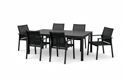 Black Aluminum and Mesh Outdoor Dining Set with Six Chairs