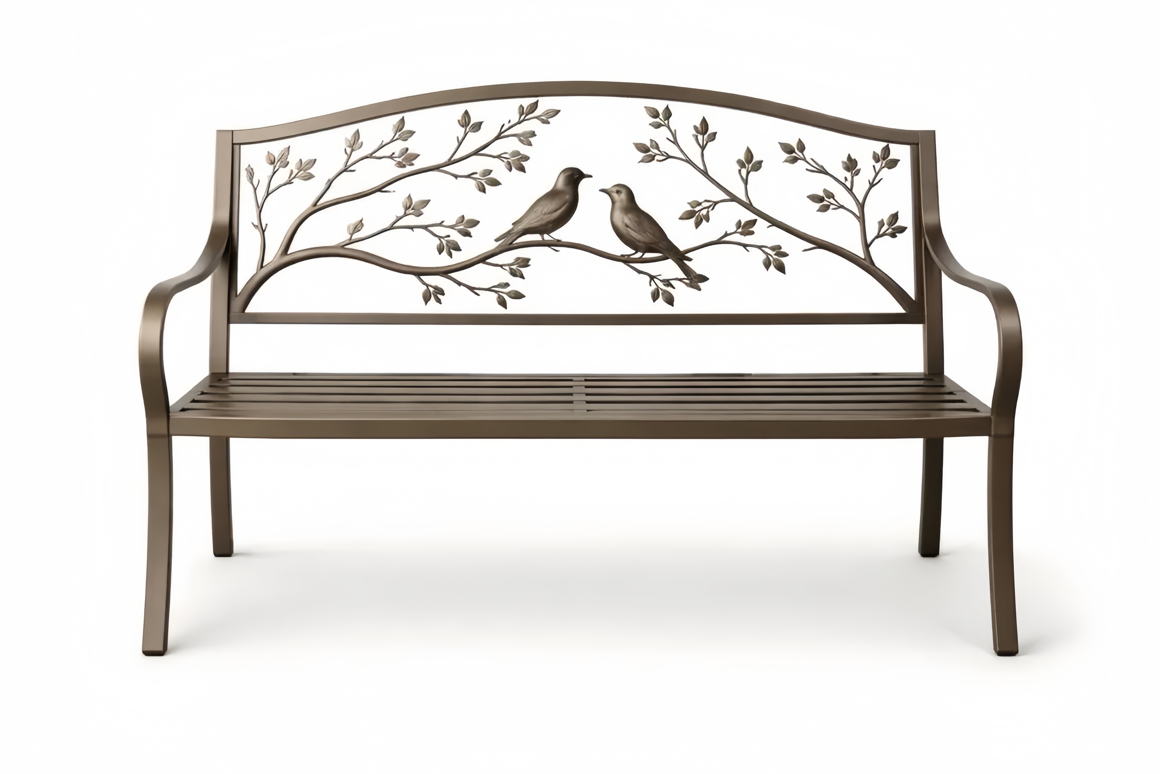 Metal Outdoor Bench with Bird and Branch Design in Bronze