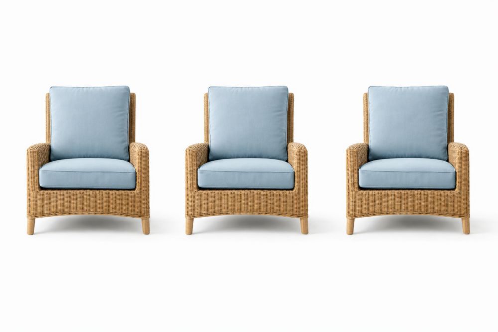 3 Piece Rattan Wicker Armchair Set with Blue Polyester Cushions 75x85x90cm