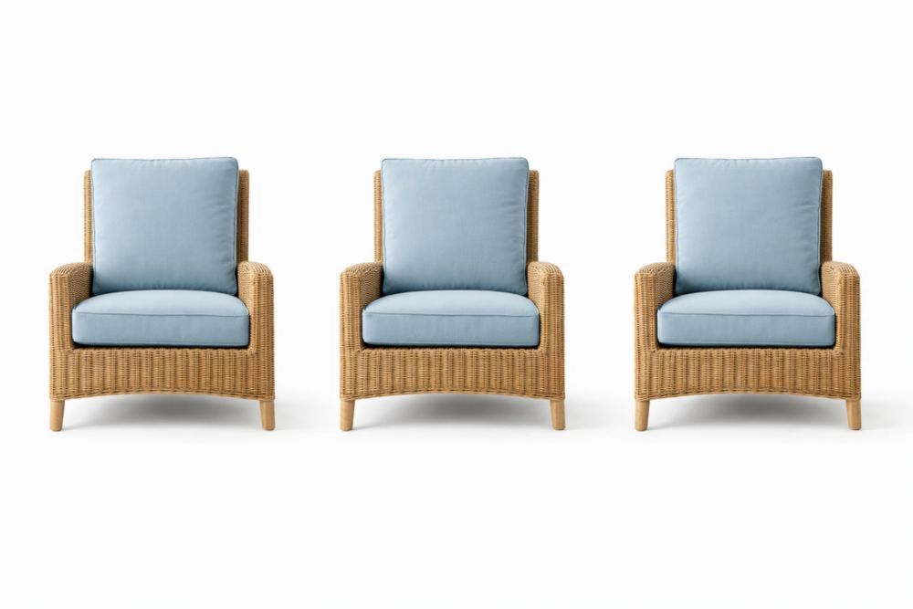3 Piece Rattan Wicker Armchair Set with Blue Polyester Cushions 75x85x90cm
