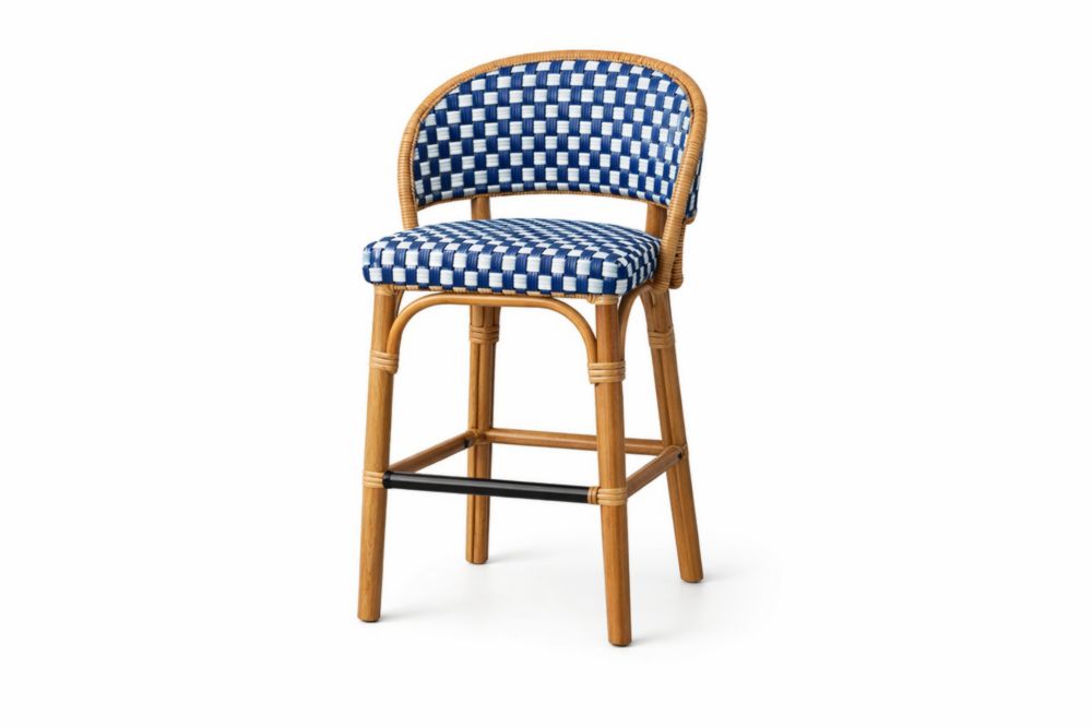 Rattan Woven Bar Stool with Navy Blue Gingham Pattern and Acacia Wood Frame