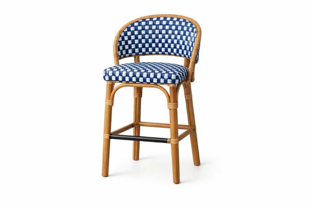 Rattan Woven Bar Stool with Navy Blue Gingham Pattern and Acacia Wood Frame