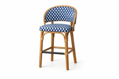 Rattan Woven Bar Stool with Navy Blue Gingham Pattern and Acacia Wood Frame
