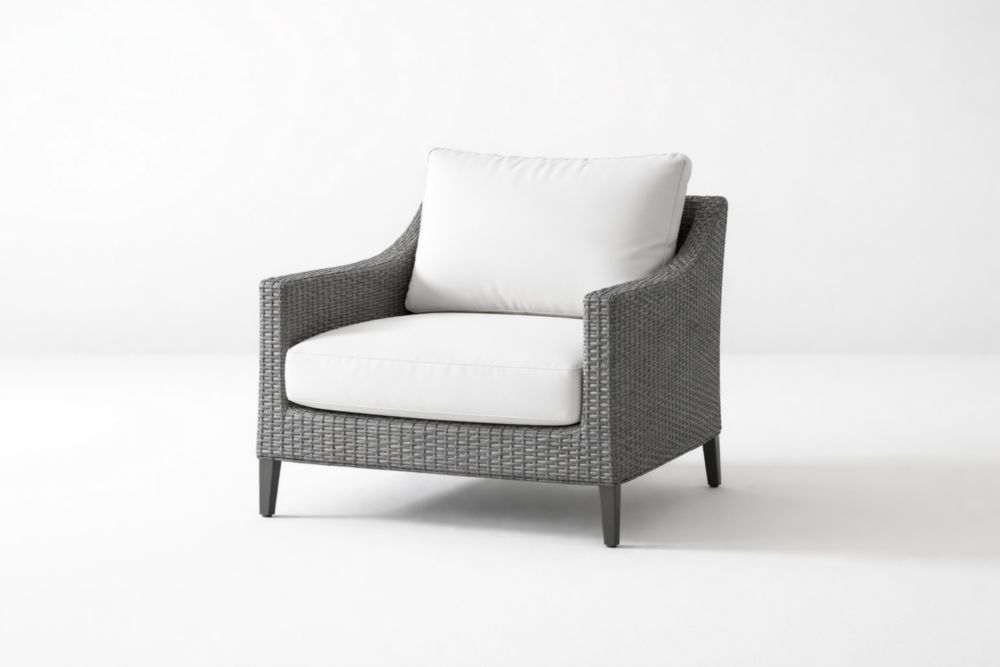 Outdoor Armchair Wicker Gray with White Cushions Polyester Fabric 76cm Height 90cm Width 90cm Depth