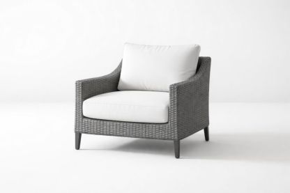 Outdoor Armchair Wicker Gray with White Cushions Polyester Fabric 76cm Height 90cm Width 90cm Depth