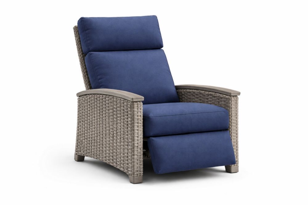 Outdoor Reclining Wicker Chair with Blue Cushions and Steel Frame