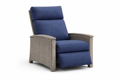 Outdoor Reclining Wicker Chair with Blue Cushions and Steel Frame