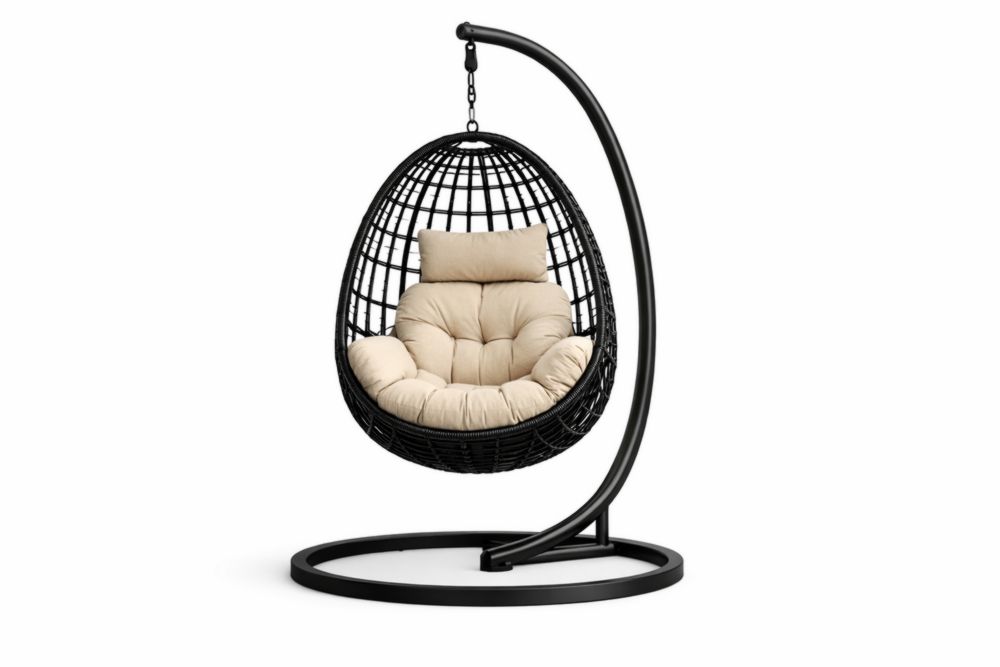 Black Steel Frame Hanging Egg Chair with Beige Cushions