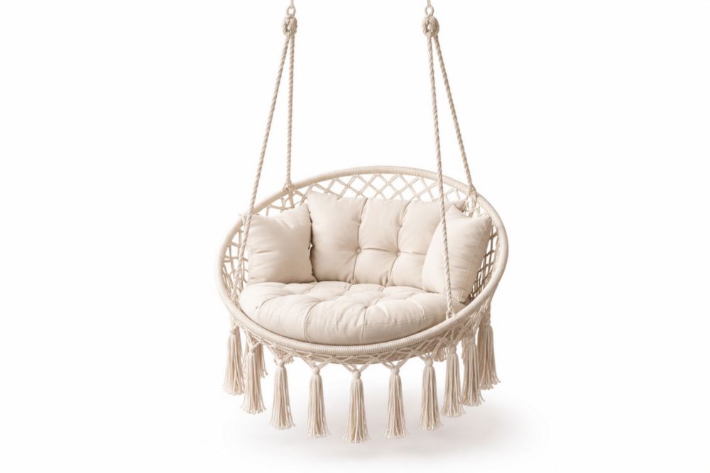 Hanging Chair Round Cotton Rope Beige with Cushions