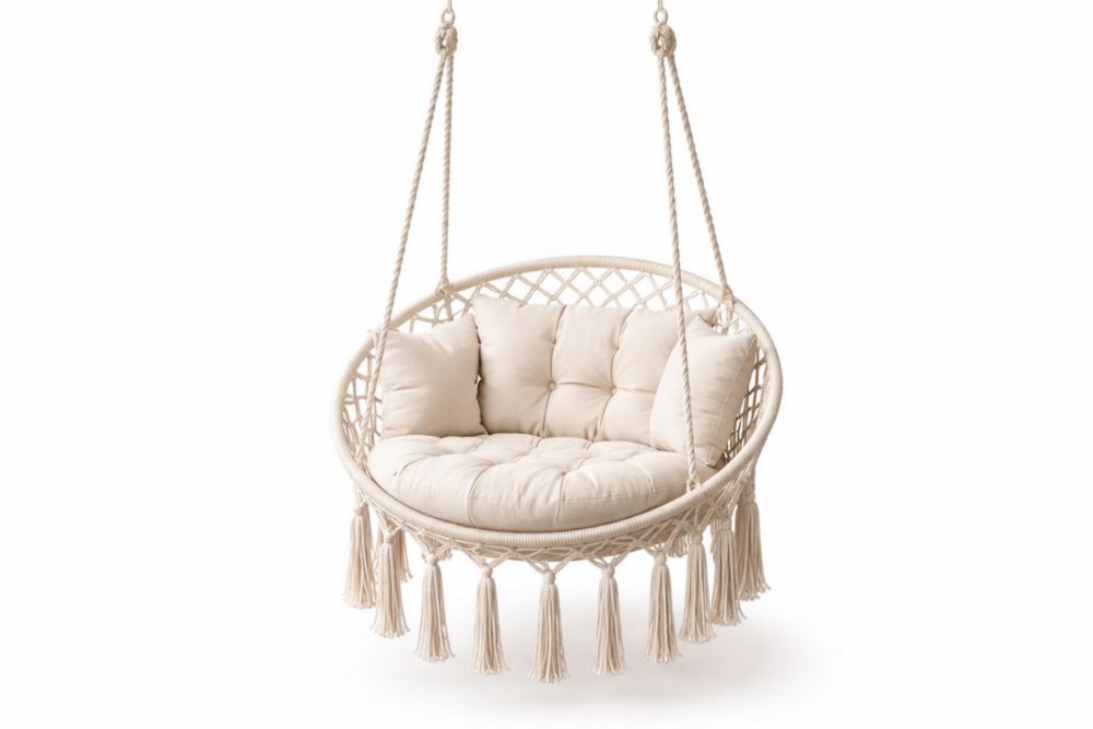 Hanging Chair Round Cotton Rope Beige with Cushions