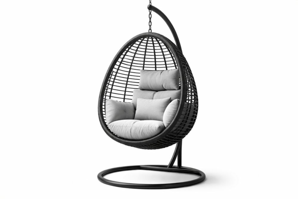 Egg Shaped Hanging Chair with Cushions Black PE Rattan Steel Frame