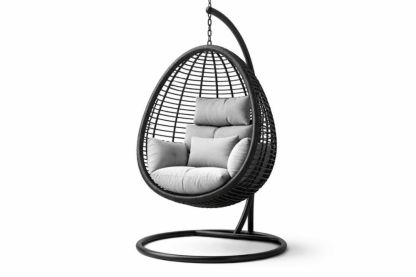 Egg Shaped Hanging Chair with Cushions Black PE Rattan Steel Frame
