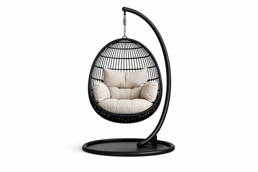 Outdoor Hanging Egg Chair with Steel Frame and Cushions Black Beige