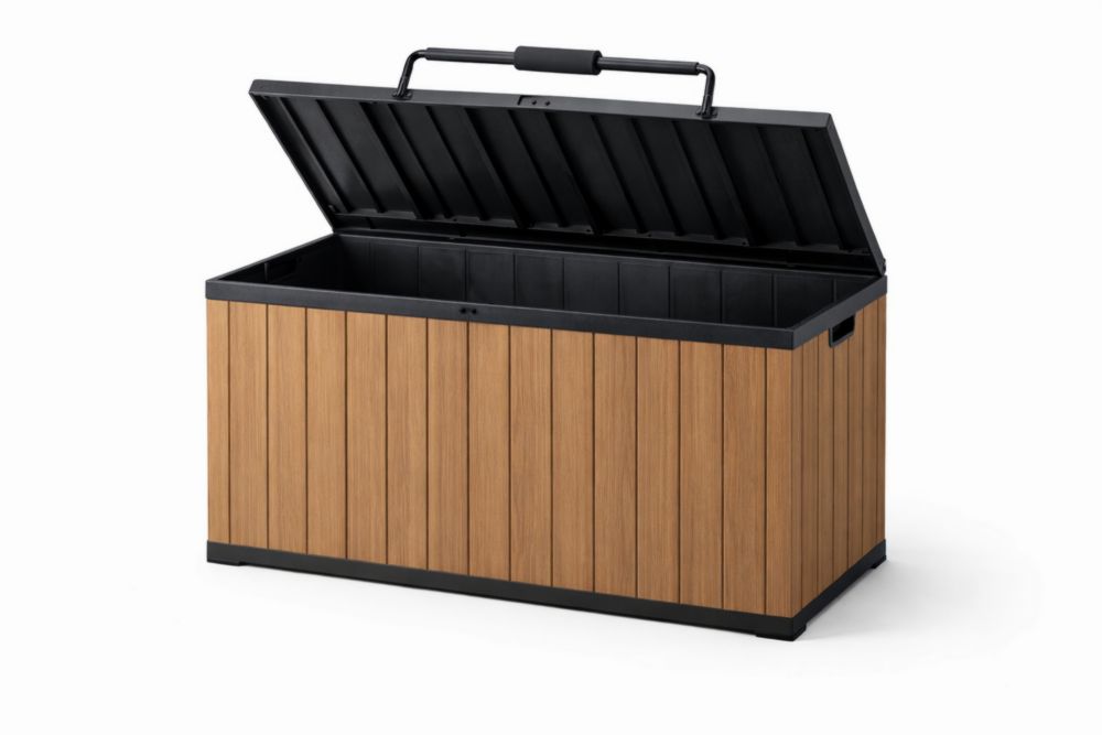 Polypropylene Outdoor Storage Box with Wood-Look Panels and Black Lid