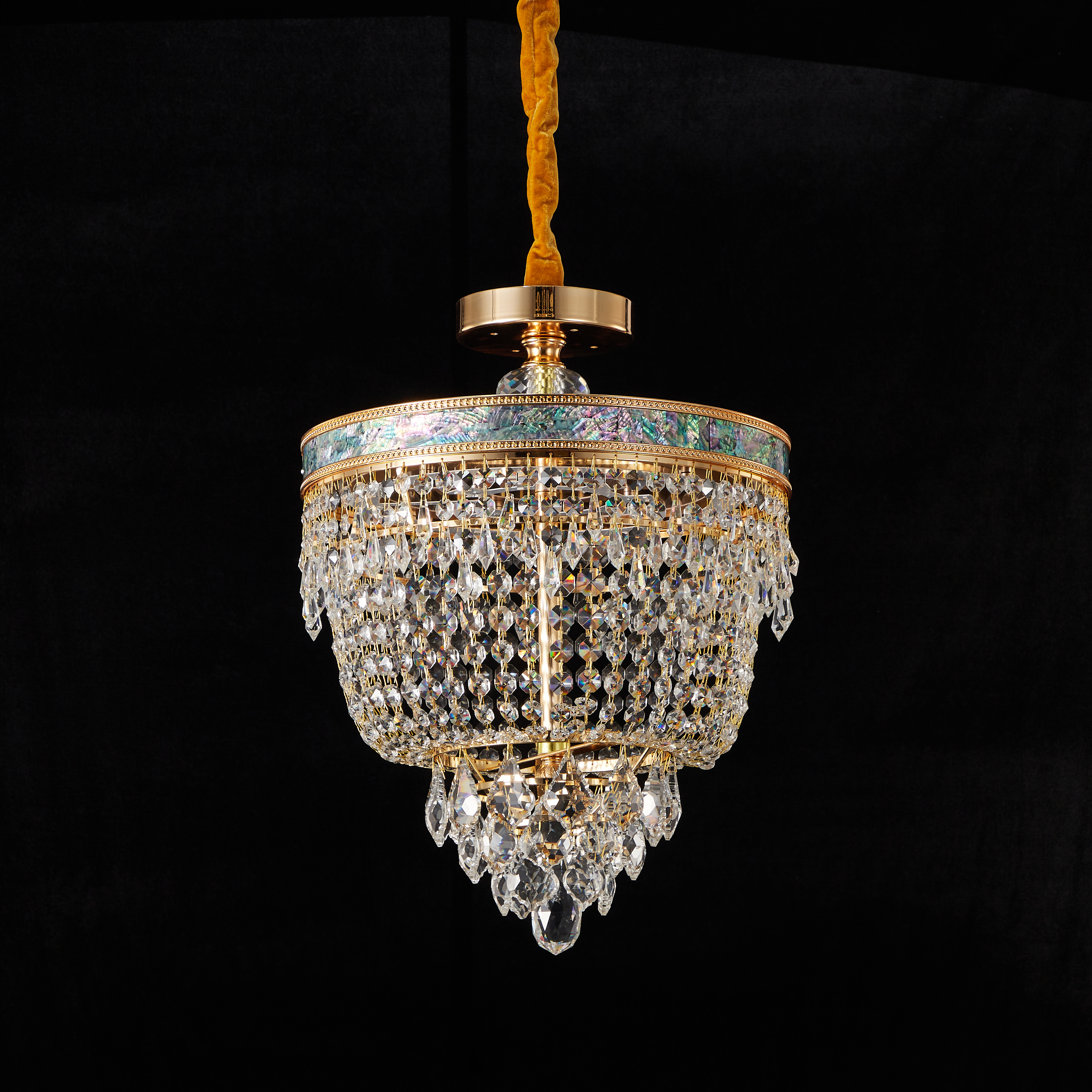 Small golden basket crystal pendant light