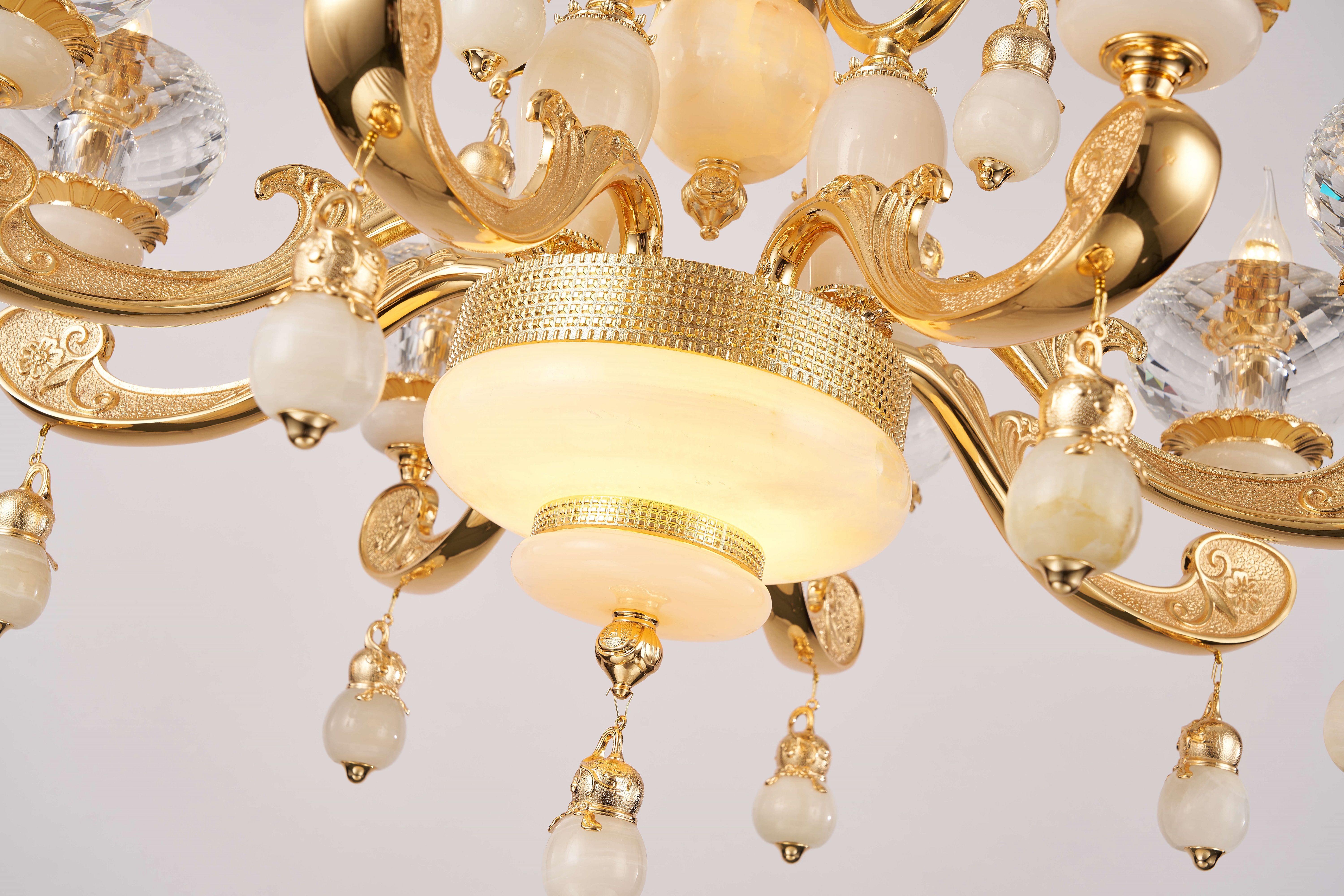 French Gold Brass White Jade Crystal Chandelier for Villa Foyer