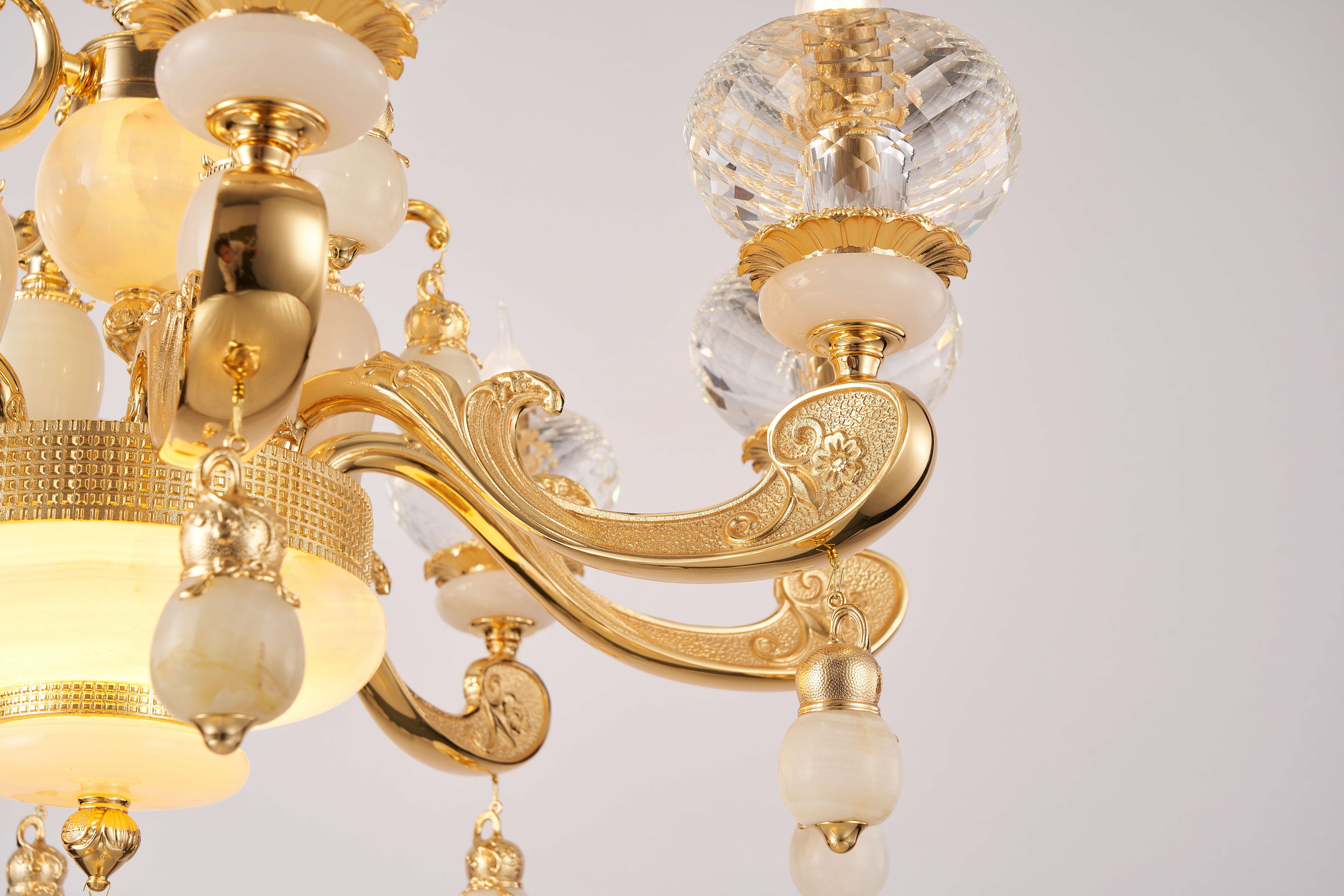 French Gold Brass White Jade Crystal Chandelier for Villa Foyer