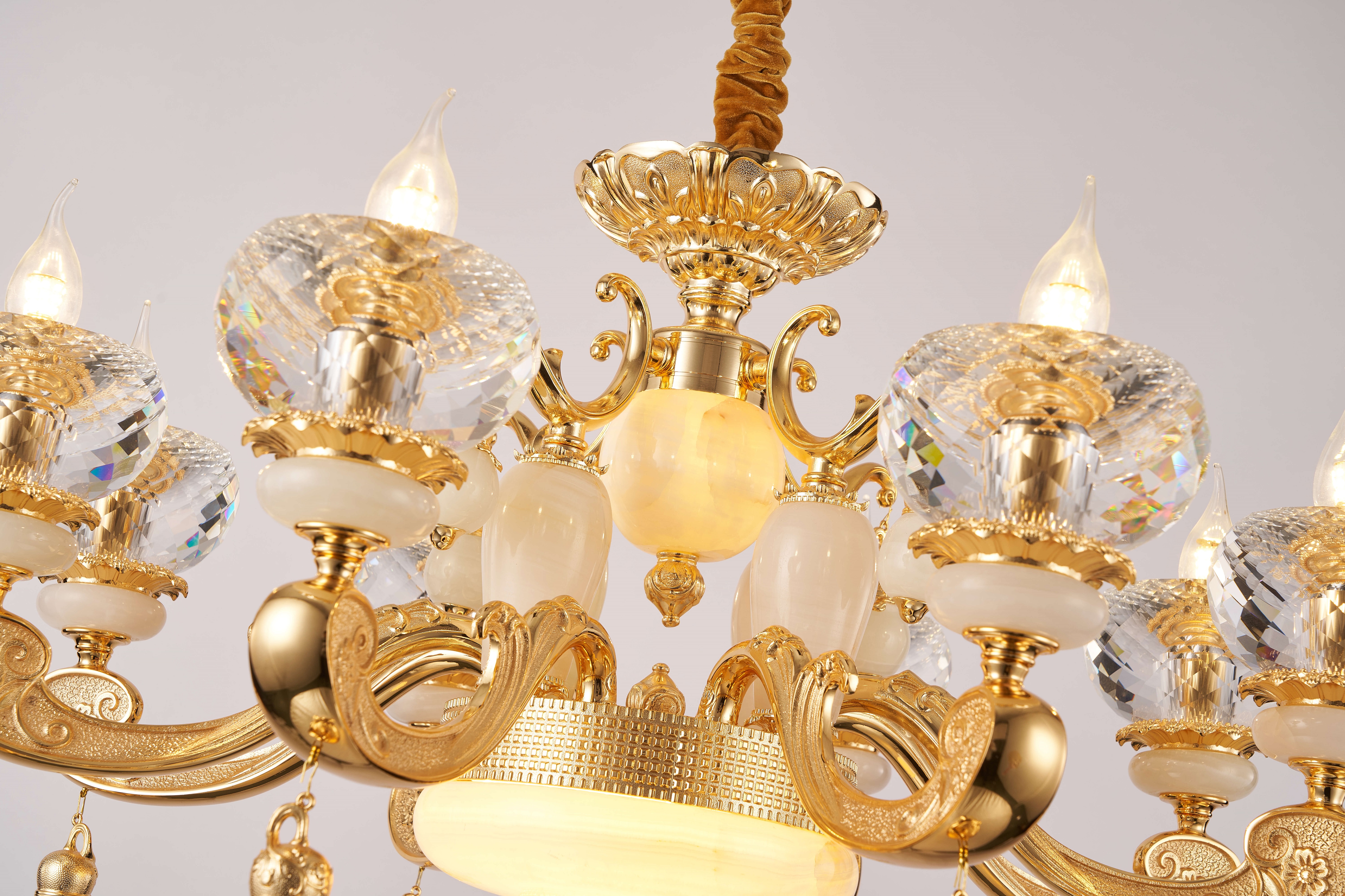 French Gold Brass White Jade Crystal Chandelier for Villa Foyer