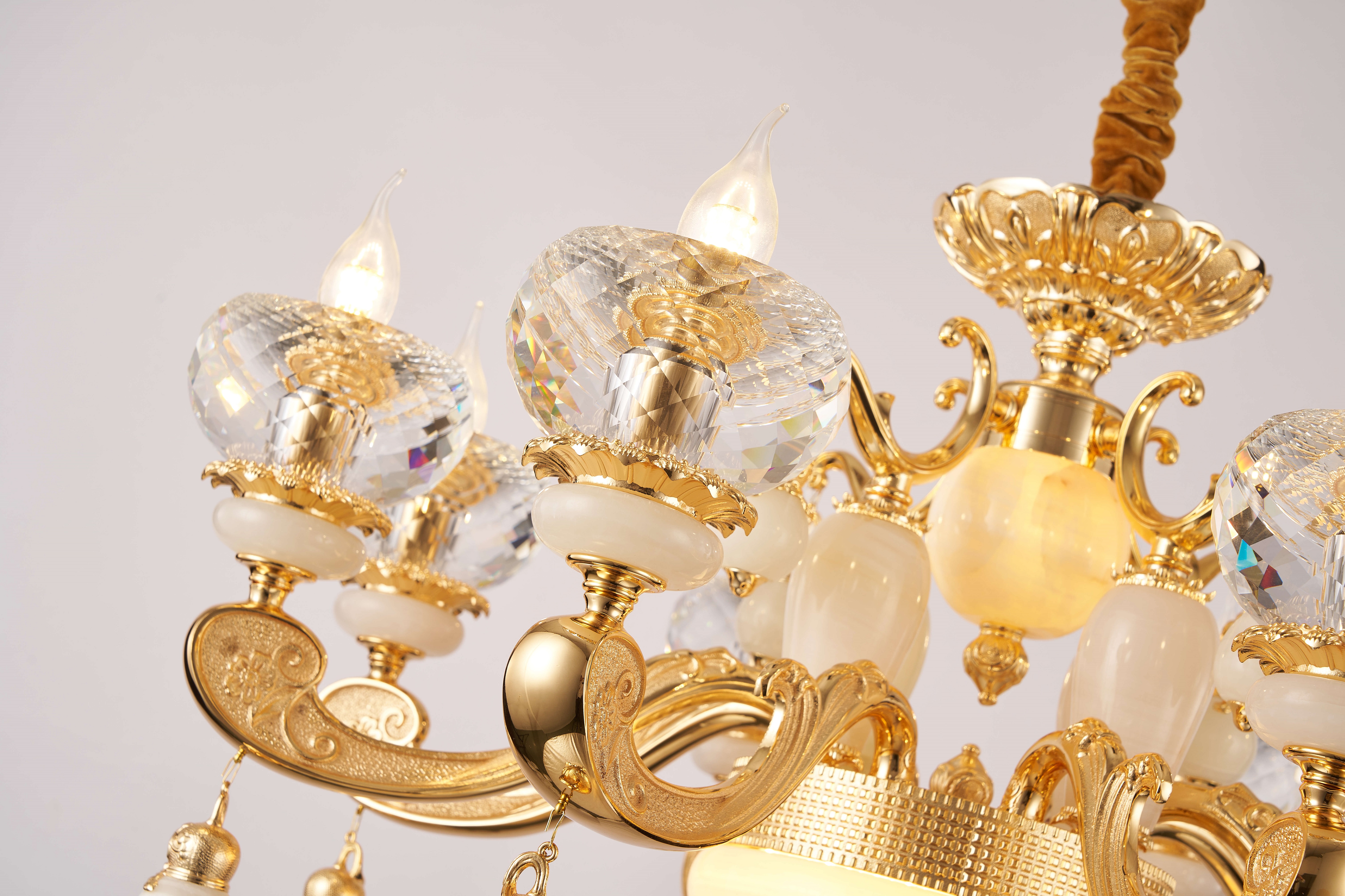 French Gold Brass White Jade Crystal Chandelier for Villa Foyer