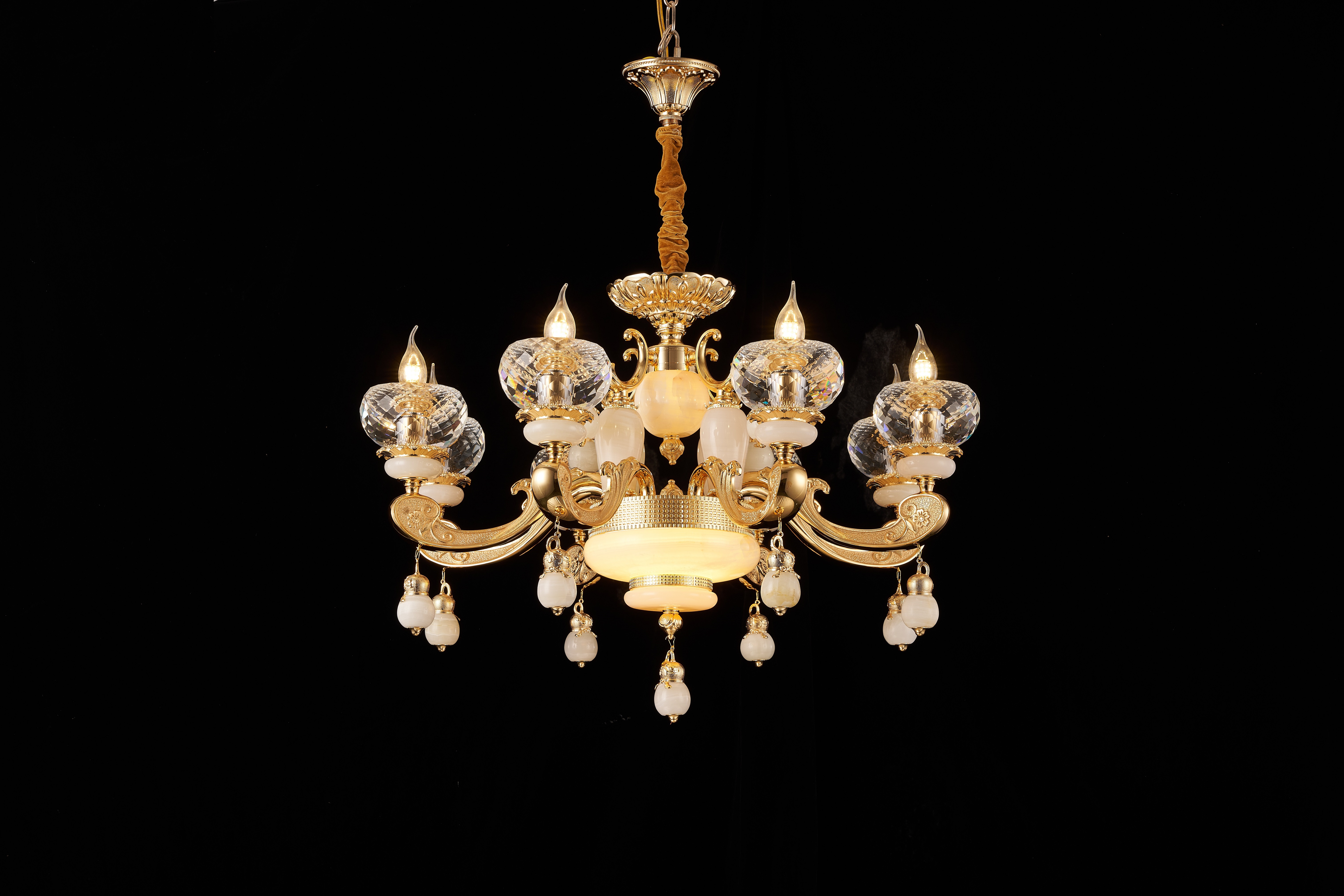 French Gold Brass White Jade Crystal Chandelier for Villa Foyer