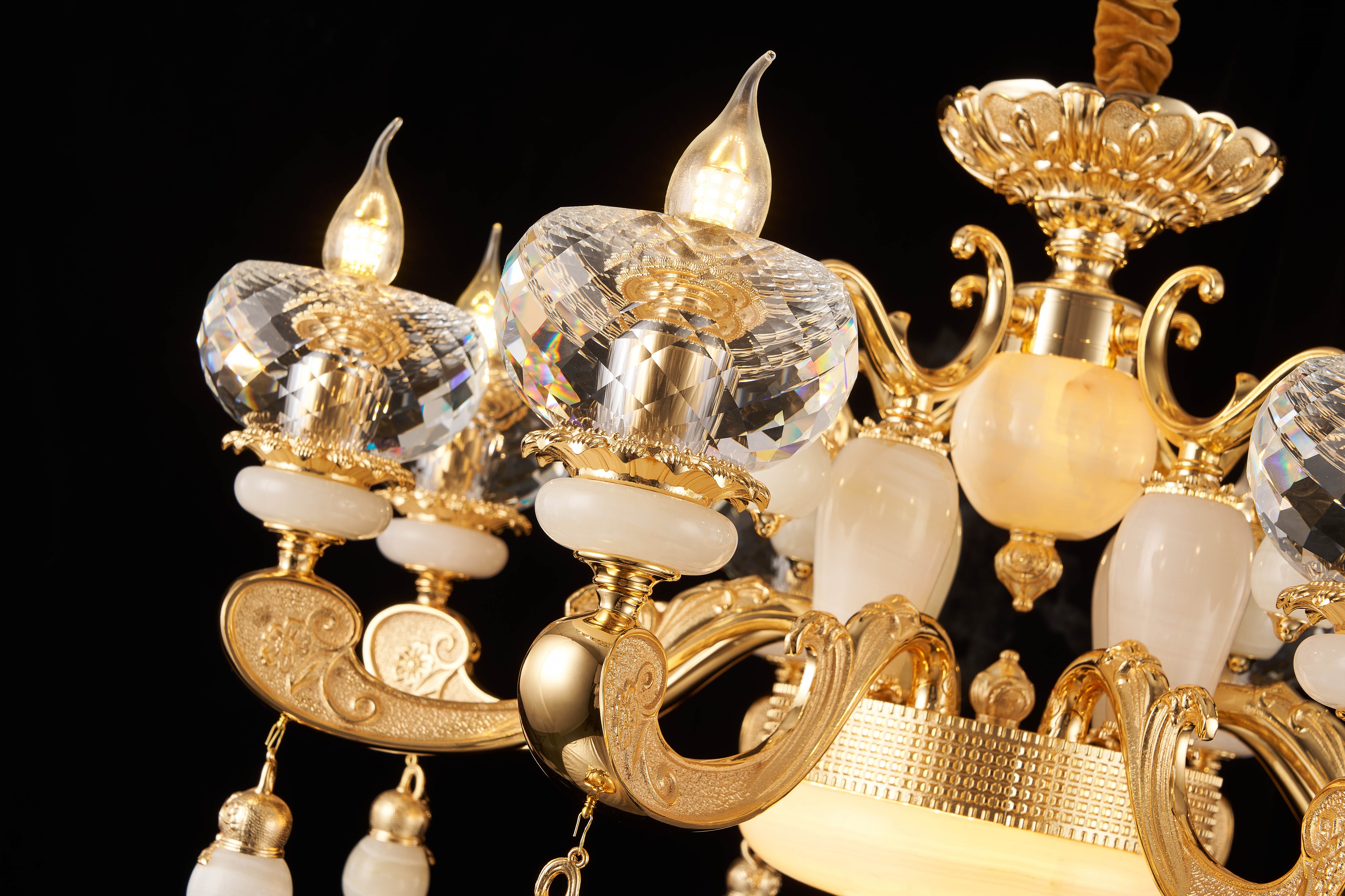 French Gold Brass White Jade Crystal Chandelier for Villa Foyer