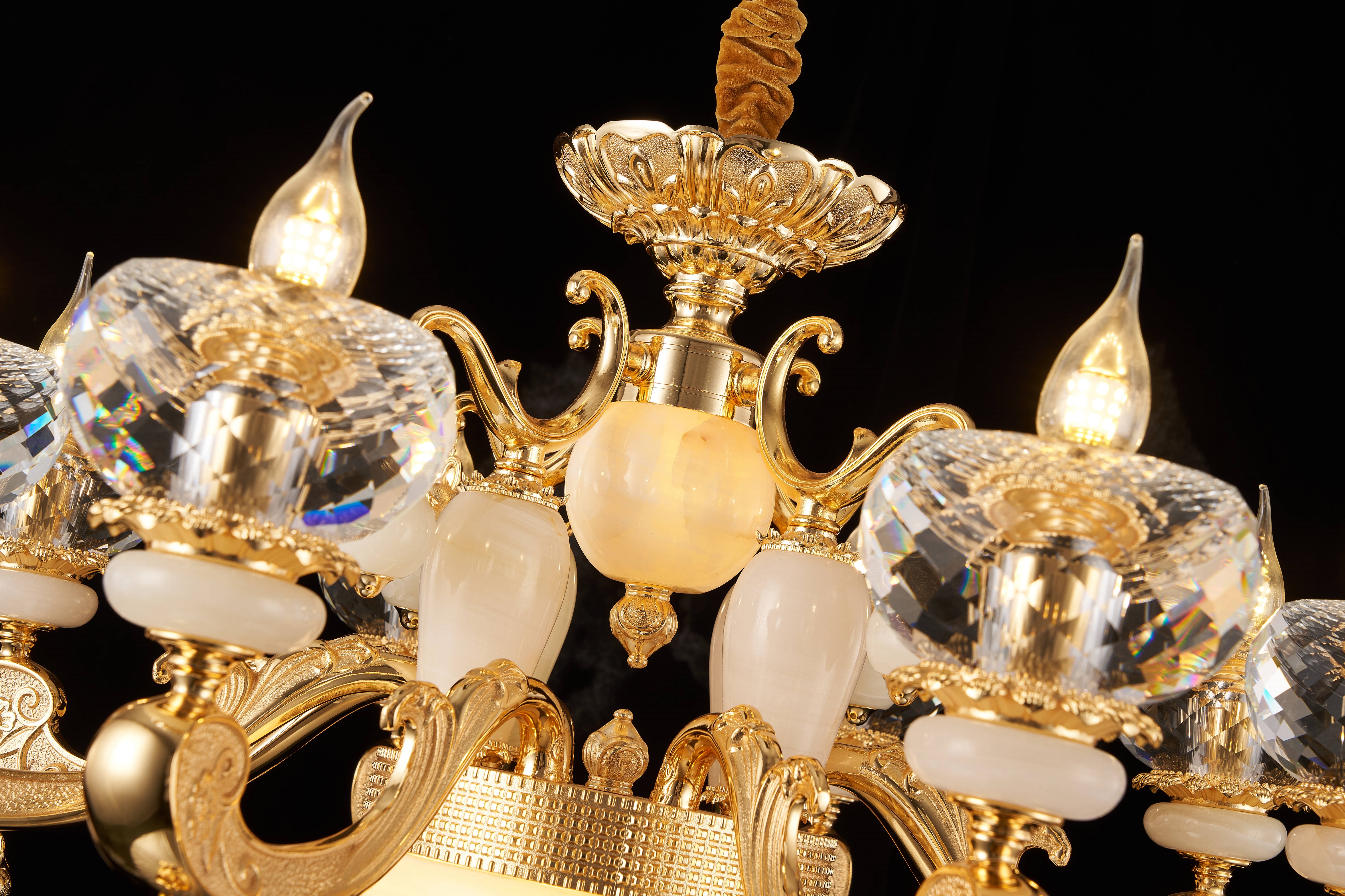 French Gold Brass White Jade Crystal Chandelier for Villa Foyer