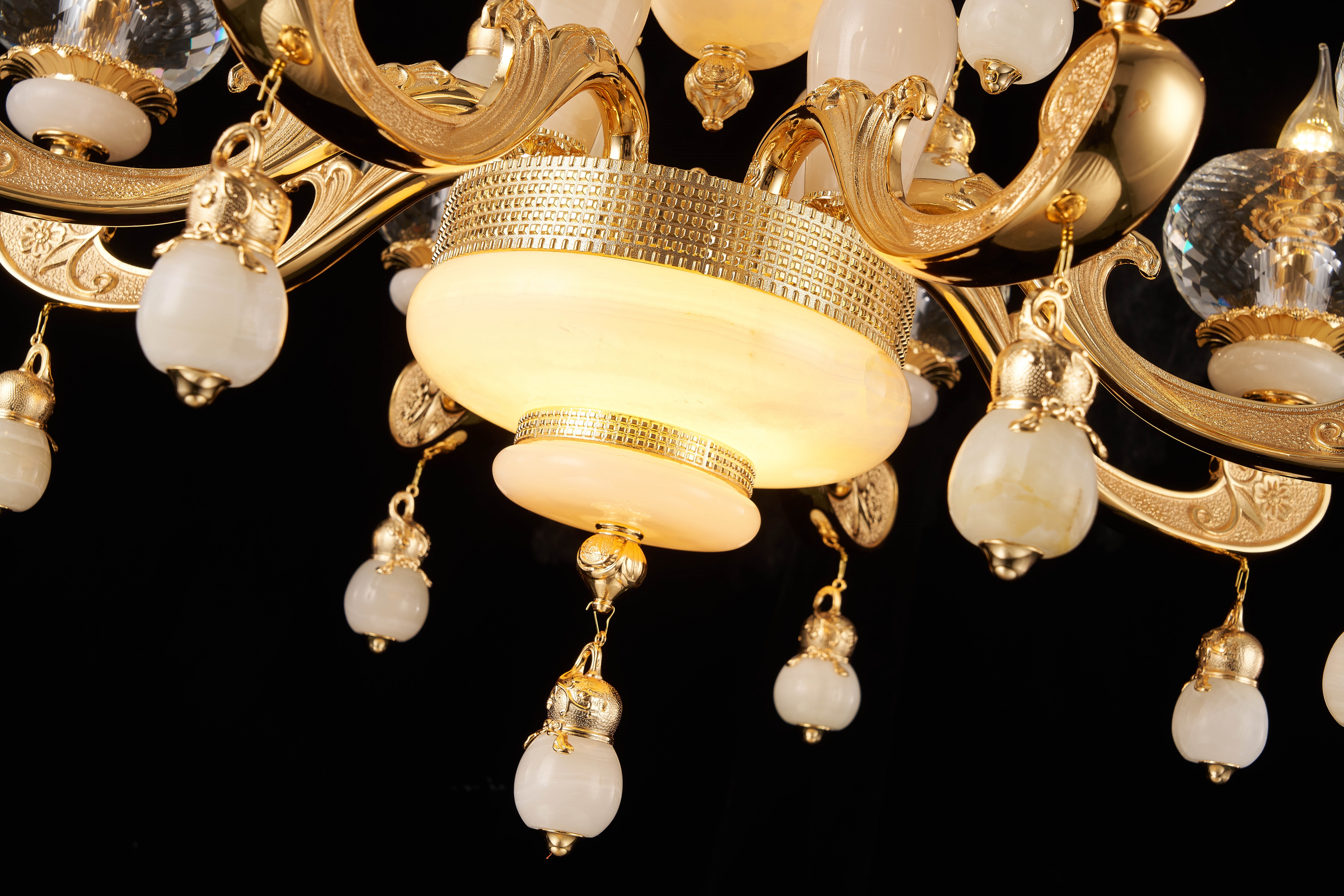 French Gold Brass White Jade Crystal Chandelier for Villa Foyer