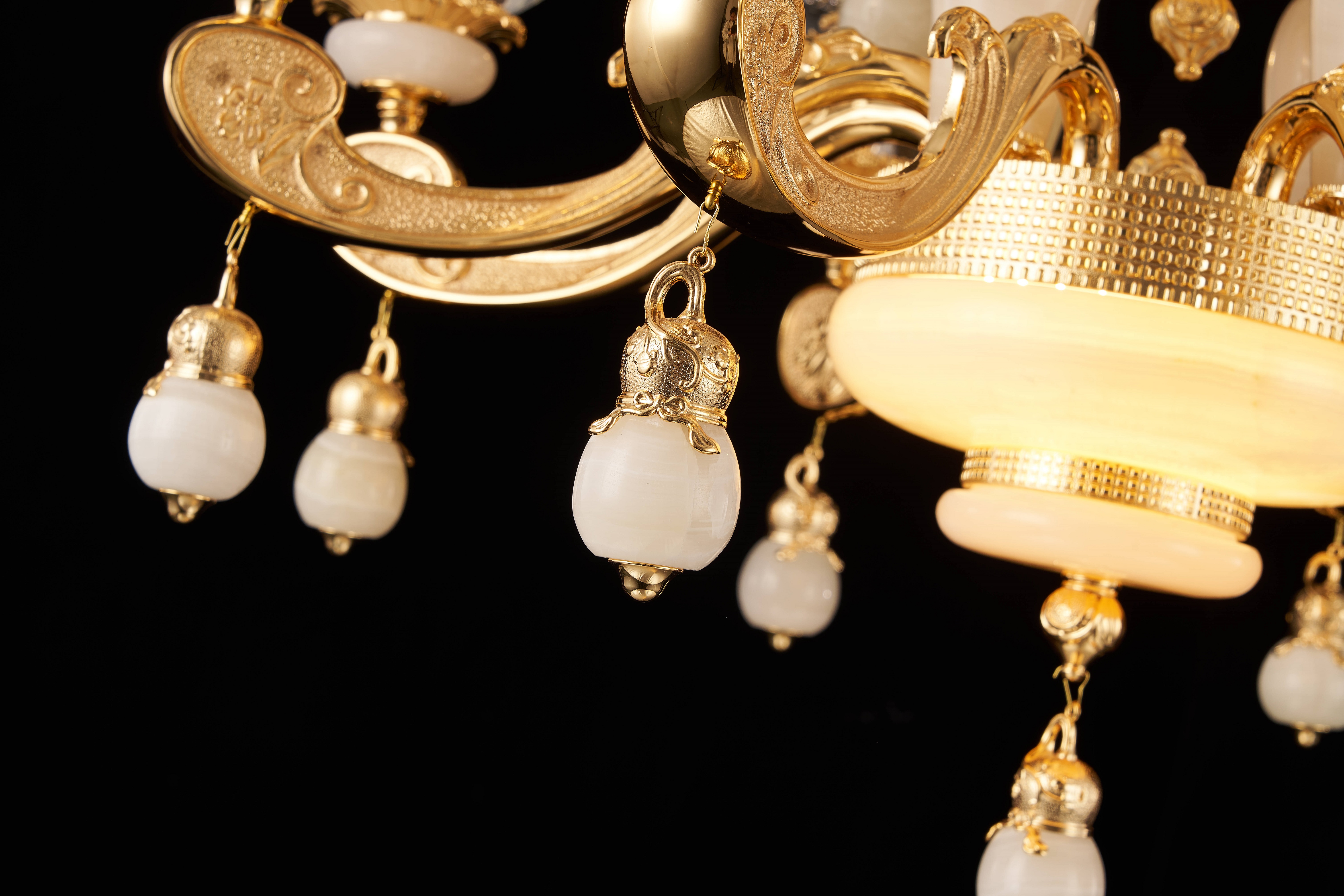 French Gold Brass White Jade Crystal Chandelier for Villa Foyer